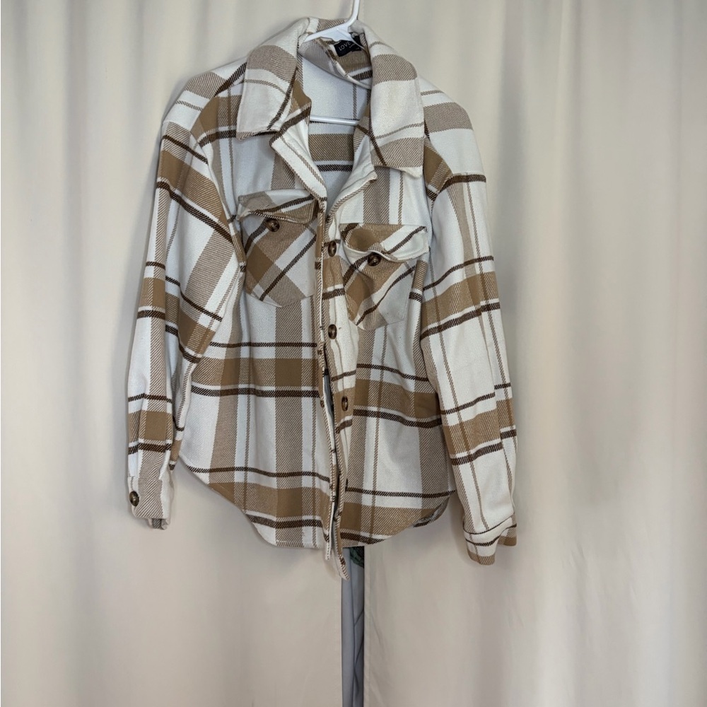 Love Tree Tan and White Plaid Utility Jacket